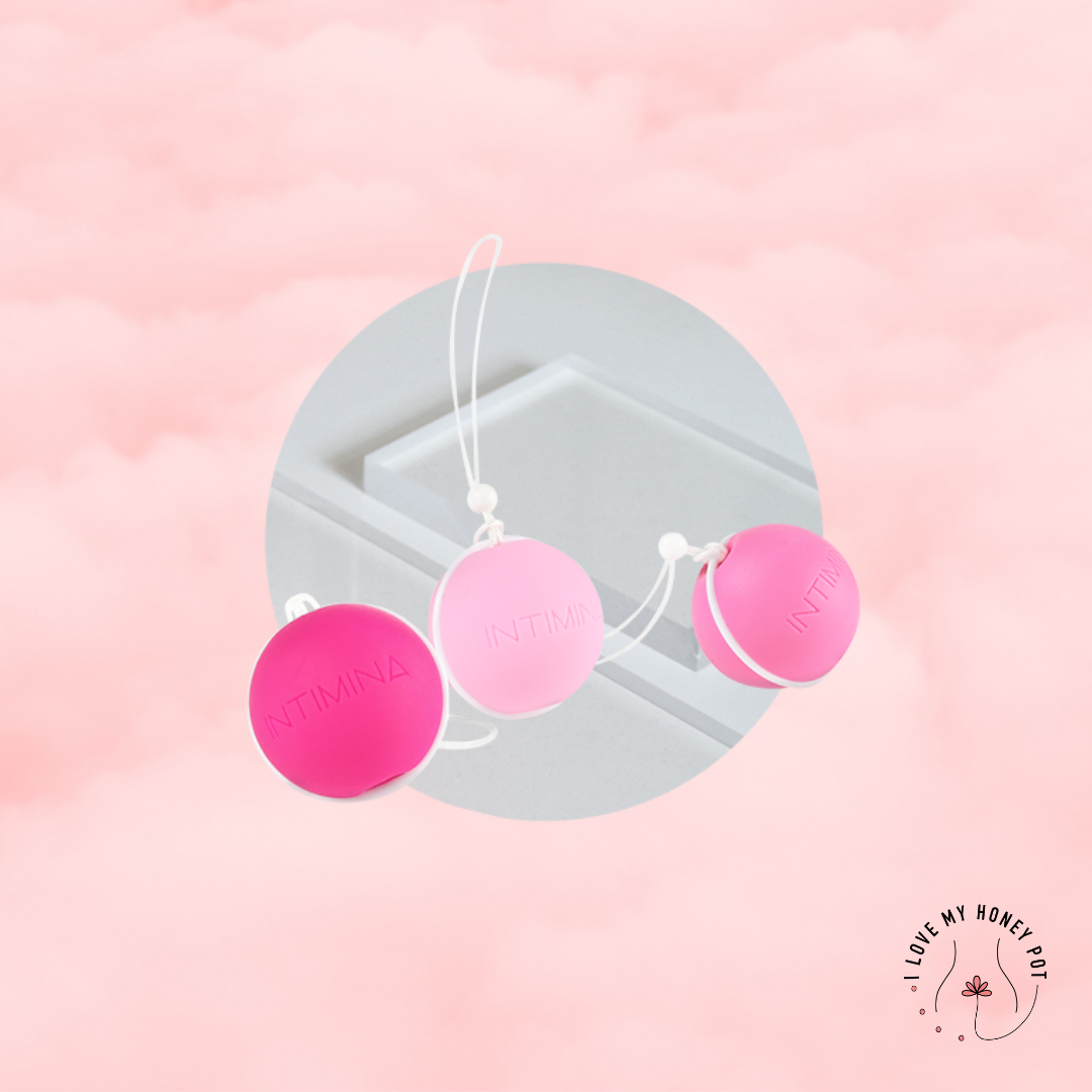 3 kegel weights in pink on a pink background. Enjoy a strong pelvic floor . מוצרי המחזור הרב פעמים הכי טובים ונוחים בישראל, תחזקי את רצפת האגן שלך עם אהבה
