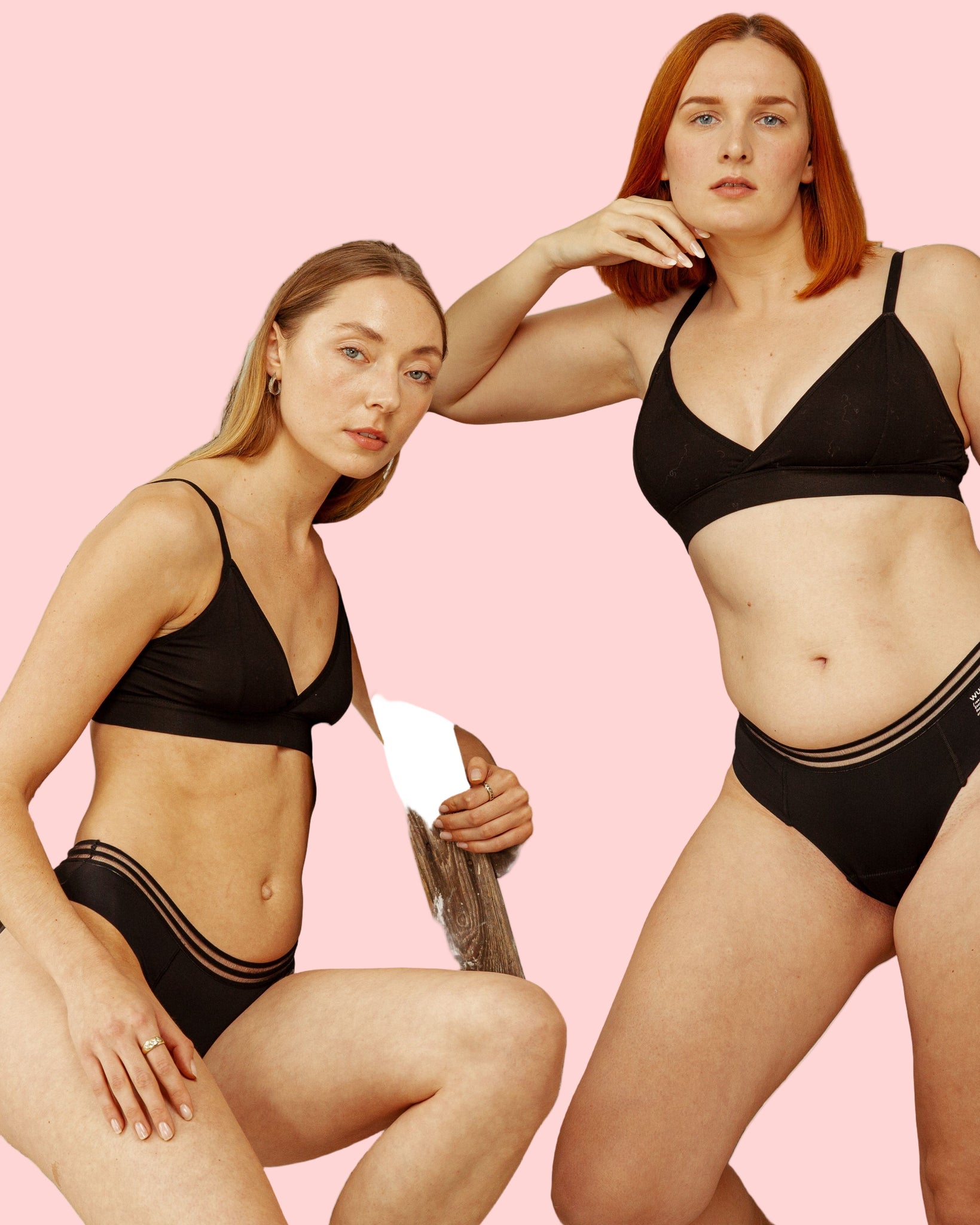 2 ladies with period underwear on ladder תחתוני מחזור על נשים לצד סולם
